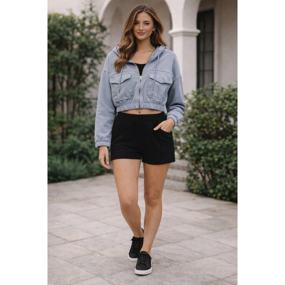 Ashley Vintage Charm Cropped Zip Up Hoodie Gray Crop Cargo Pockets Drawstring XL